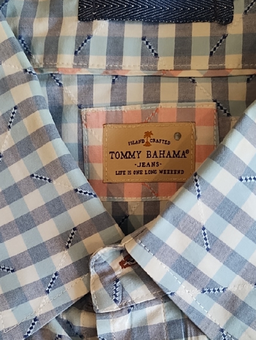 Tommy Bahama Light Blue and White Gingham Button-Down Shirt.  100 Percent Cotton